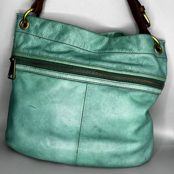 FOSSIL 2 TONE LEATHER AQUA/TEAL SHOULDER BROWNLEATHERBAG W/BRASS TONE HARDWARE - Picture 2 of 12